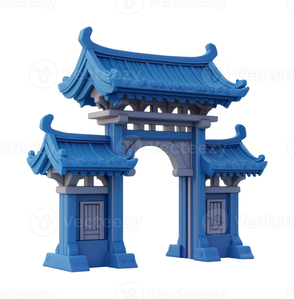 Traditional asian architectural gate with intricate blue design png