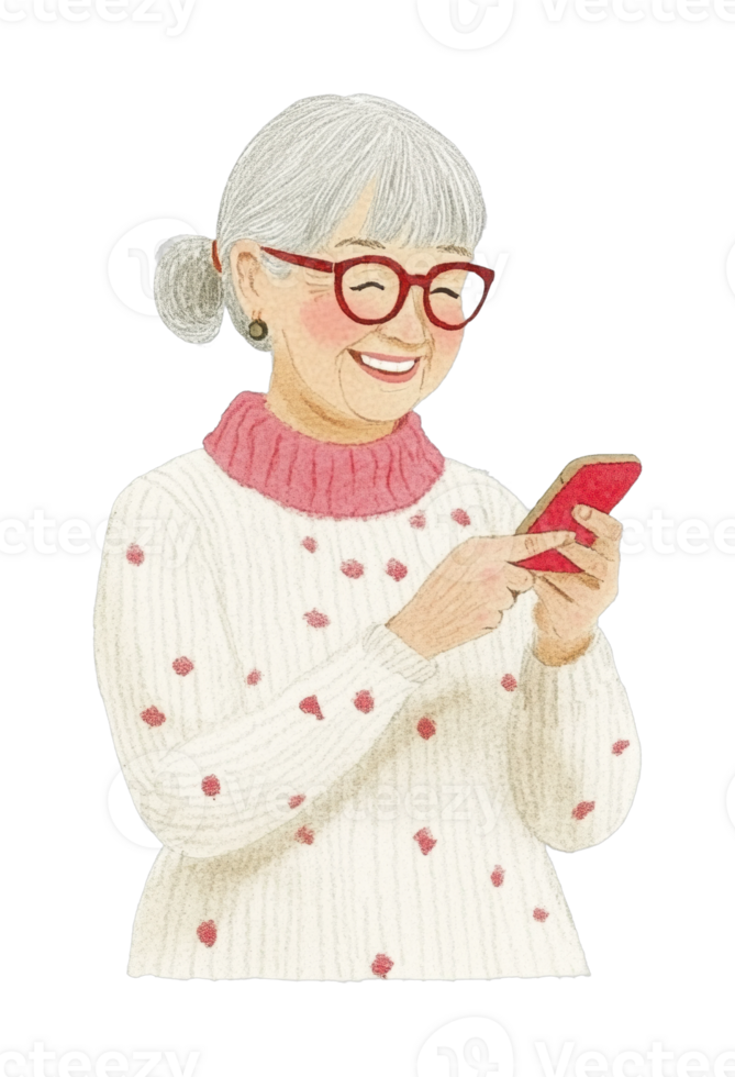 Elderly asian female using smartphone with joyful expression png