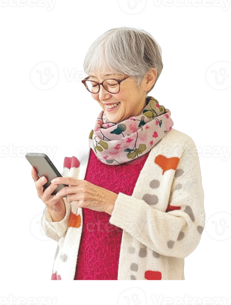 Elderly caucasian female using smartphone with joyful expression png