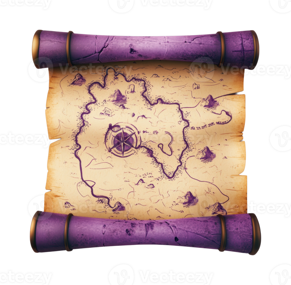 Ancient treasure map scroll with purple wooden rods and topographical details png