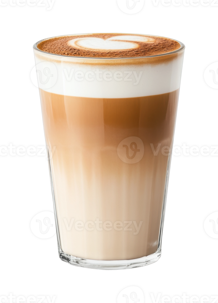 Rich latte beverage with creamy foam and heart art png