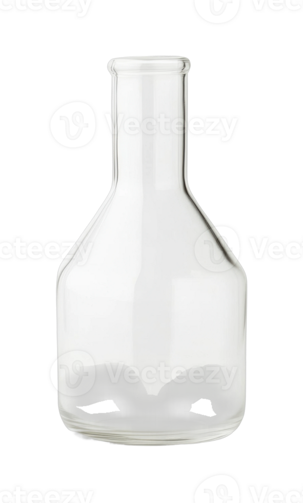 Transparent glass flask with narrow neck for laboratory use png