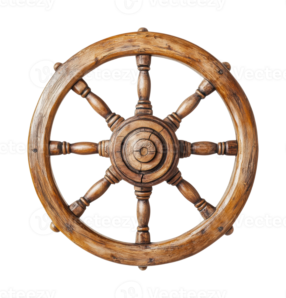 Antique wooden ship wheel with weathered finish and rich texture png