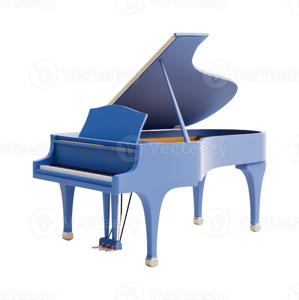 Elegant blue grand piano with open lid and visible pedals png
