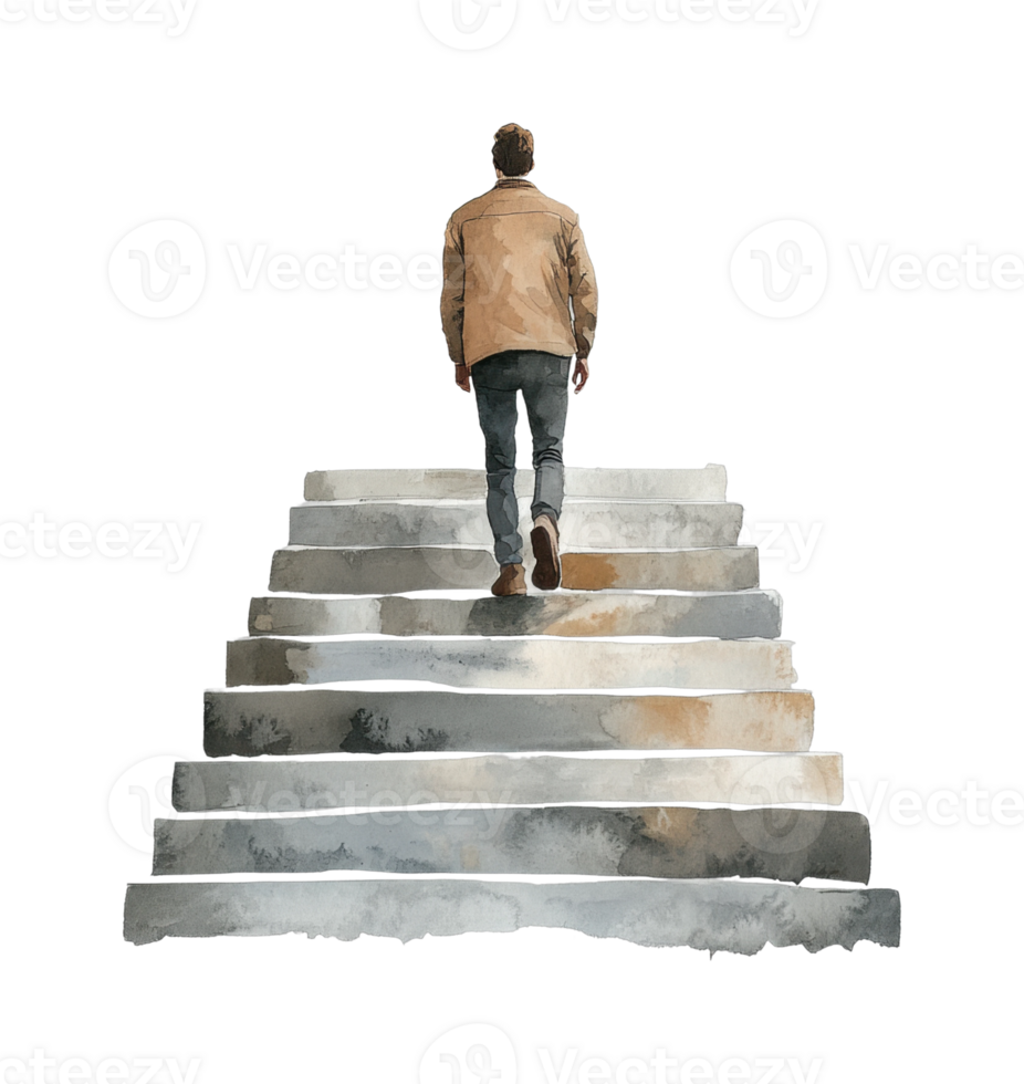 Young caucasian male walking up stairs symbolizing progress and determination png