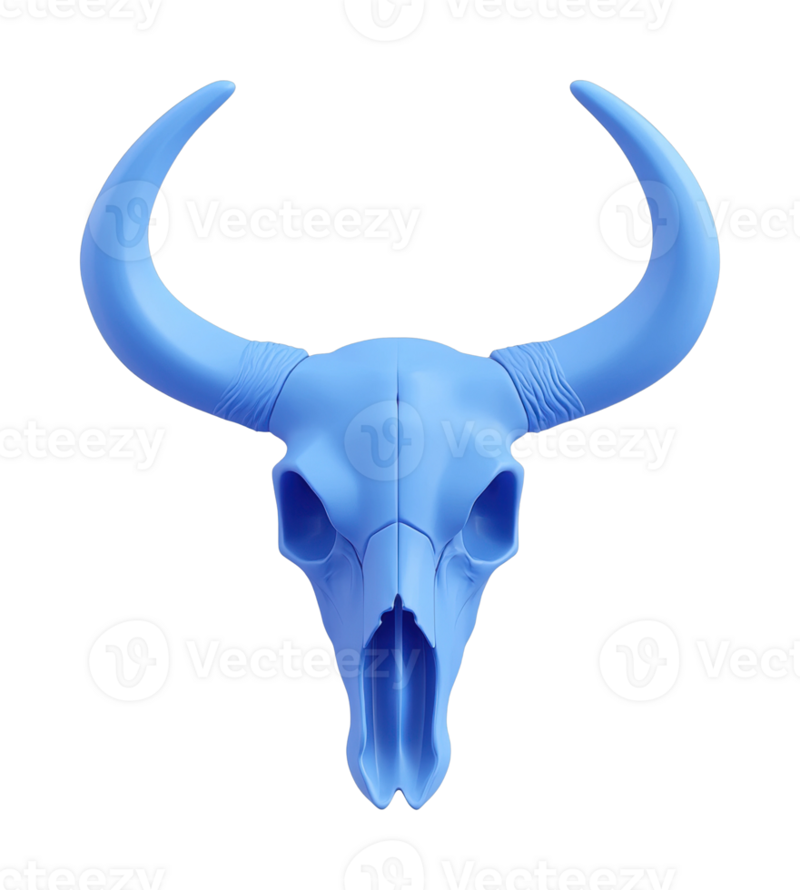 Blue bull skull with long curved horns displayed on a black background png