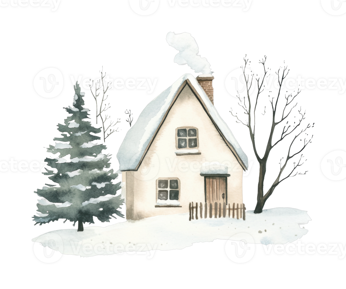 Cozy snow-covered cottage with pine tree and bare winter trees png