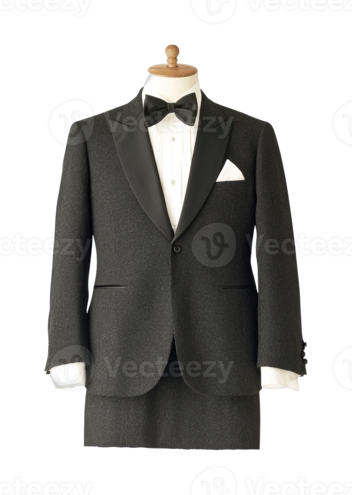 Classic men's tuxedo with bow tie and pocket square on mannequin png