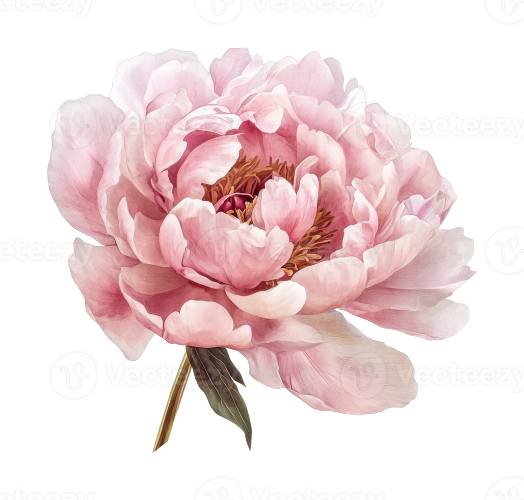 Detailed pink peony blossom with lush petals and greenery png