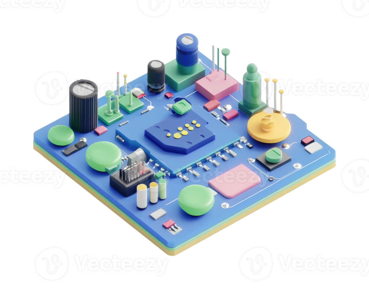 Colorful circuit board with microchip and components in 3d png