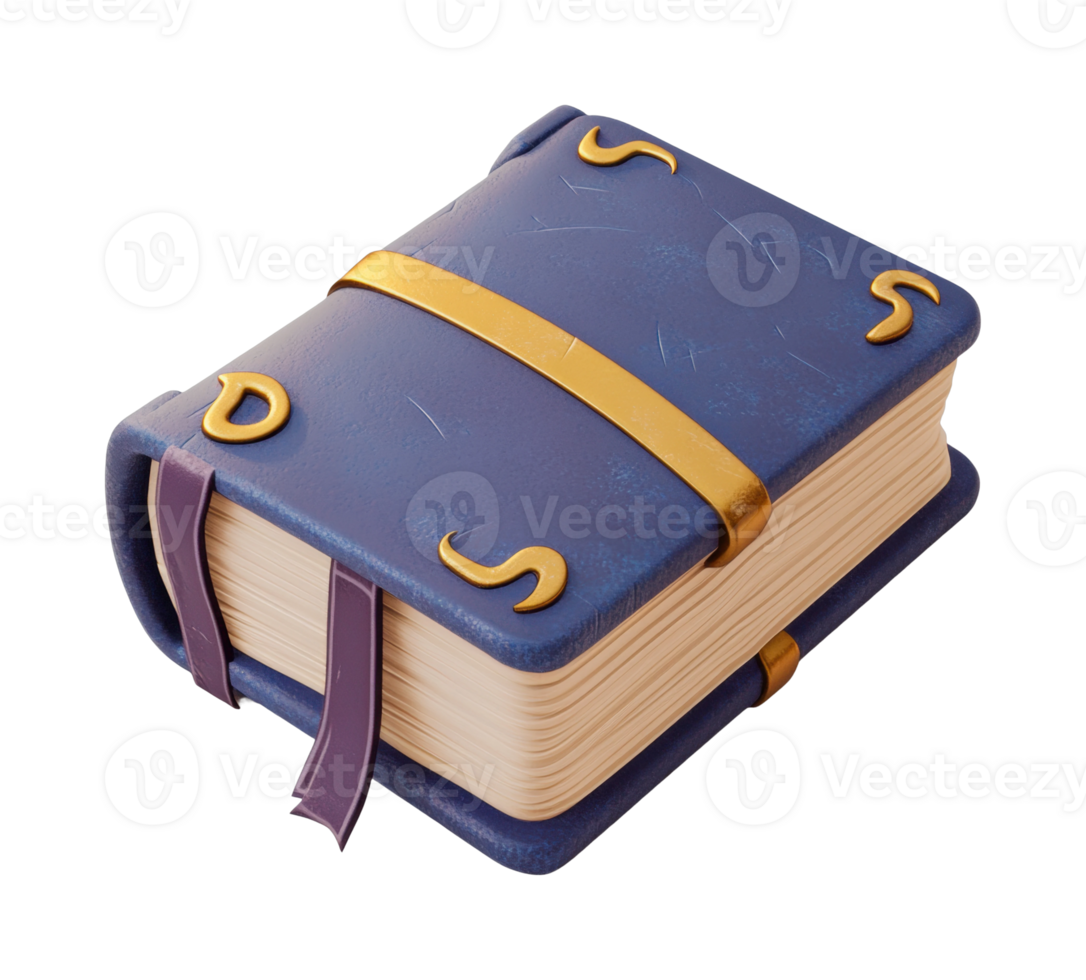 Vintage magical book with golden clasps and purple bookmarks png