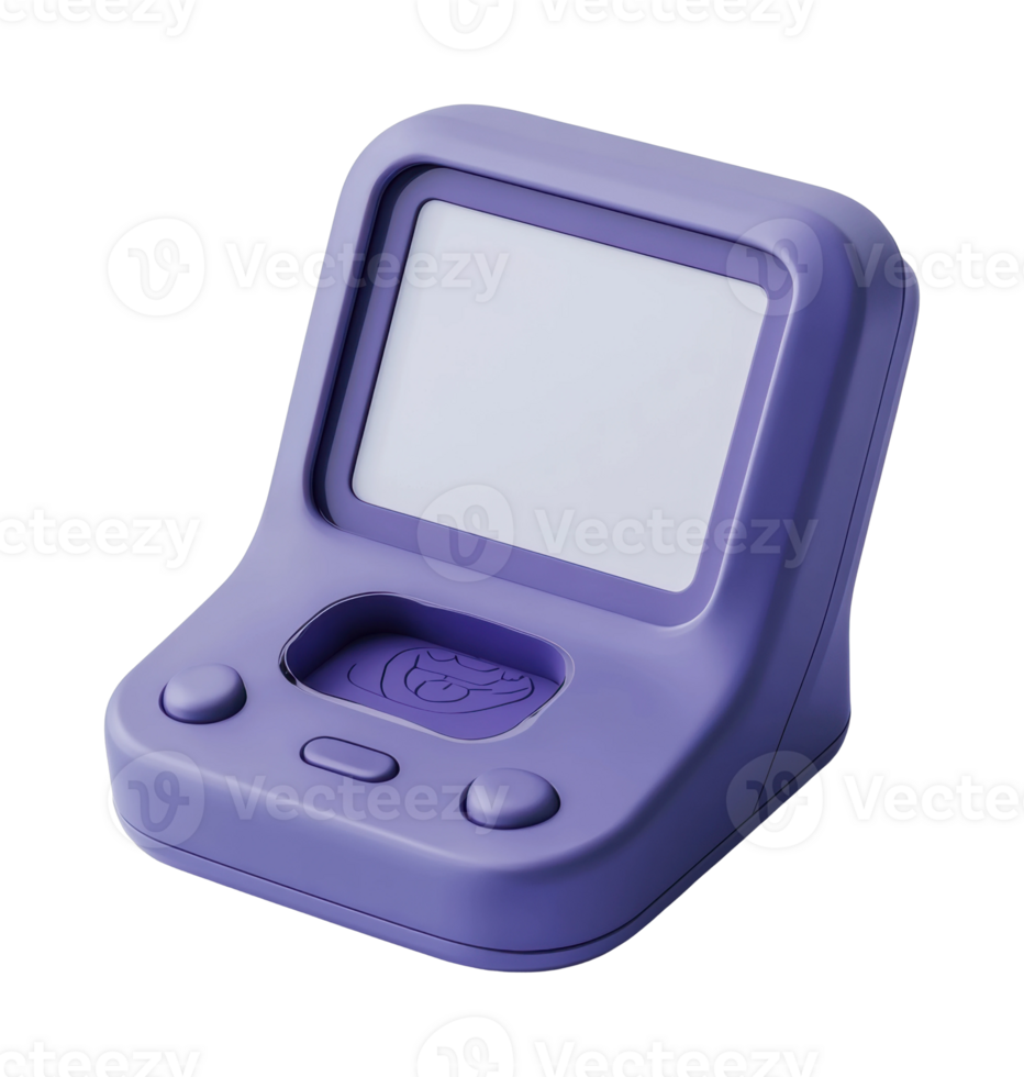 Purple retro handheld console with blank screen display png
