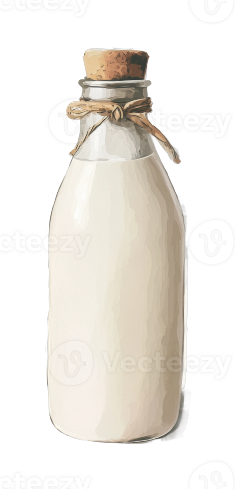 Glass bottle with cork stopper filled with white liquid png