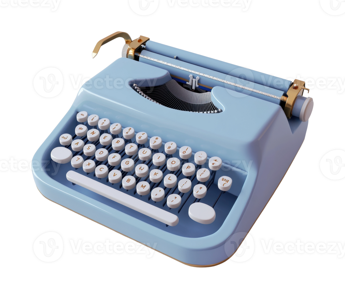 Vintage blue typewriter with white keys and gold accents png