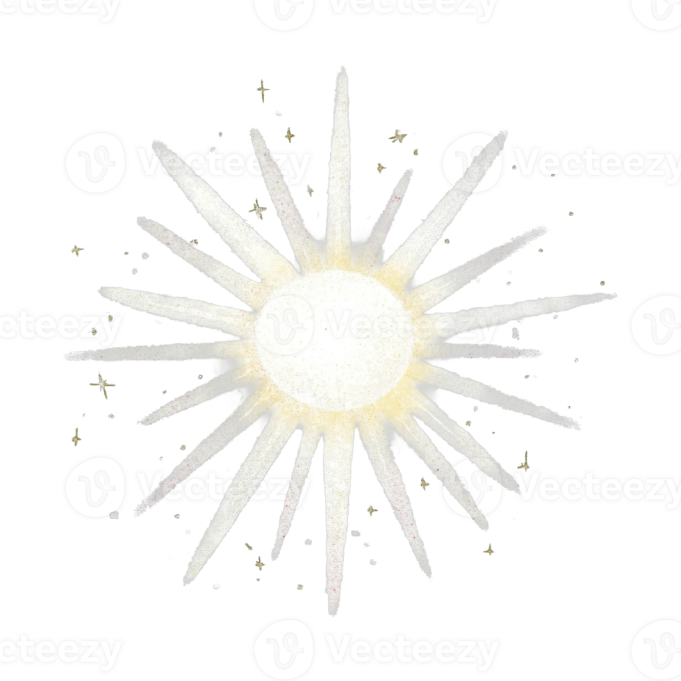 Radiant sun illustration with glowing starbursts and celestial accents png