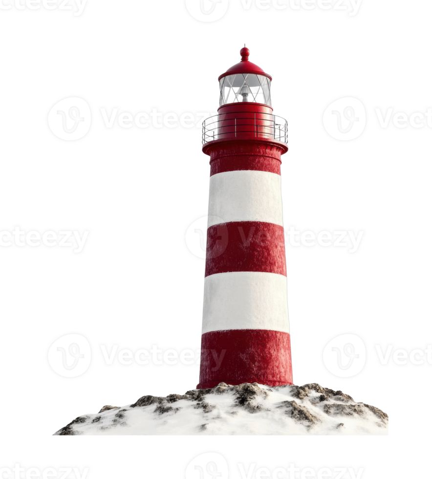 Red and white striped lighthouse on rocky shoreline png