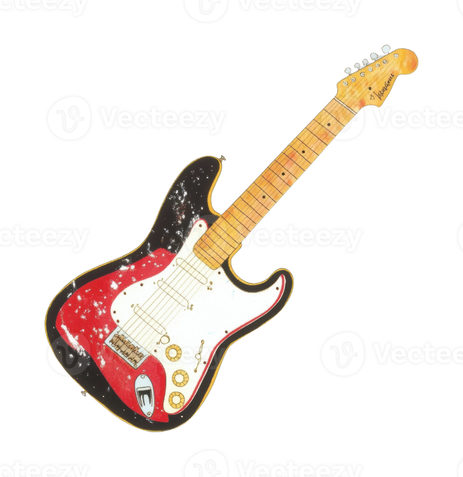 Electric guitar with red and black pattern and wooden neck, cut out - stock . png