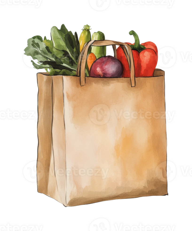 Eco-friendly paper bag filled with fresh organic vegetables and fruits png