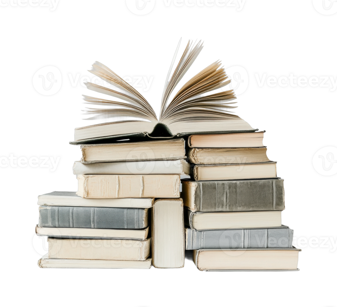 Stack of books with open pages above a tower of closed books png