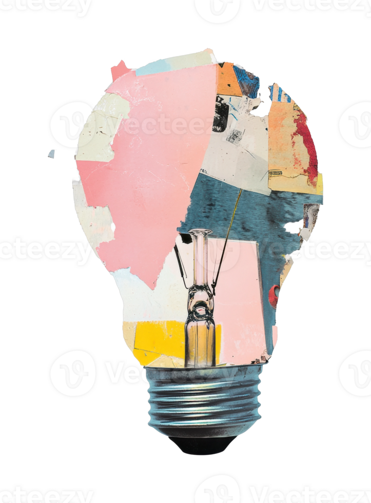 Creative collage lightbulb design with abstract colors on black png