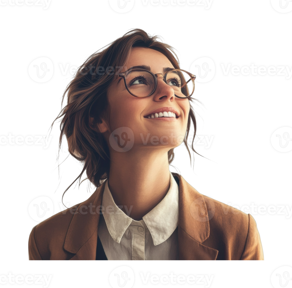 Young caucasian female in glasses smiling upward in formal attire png