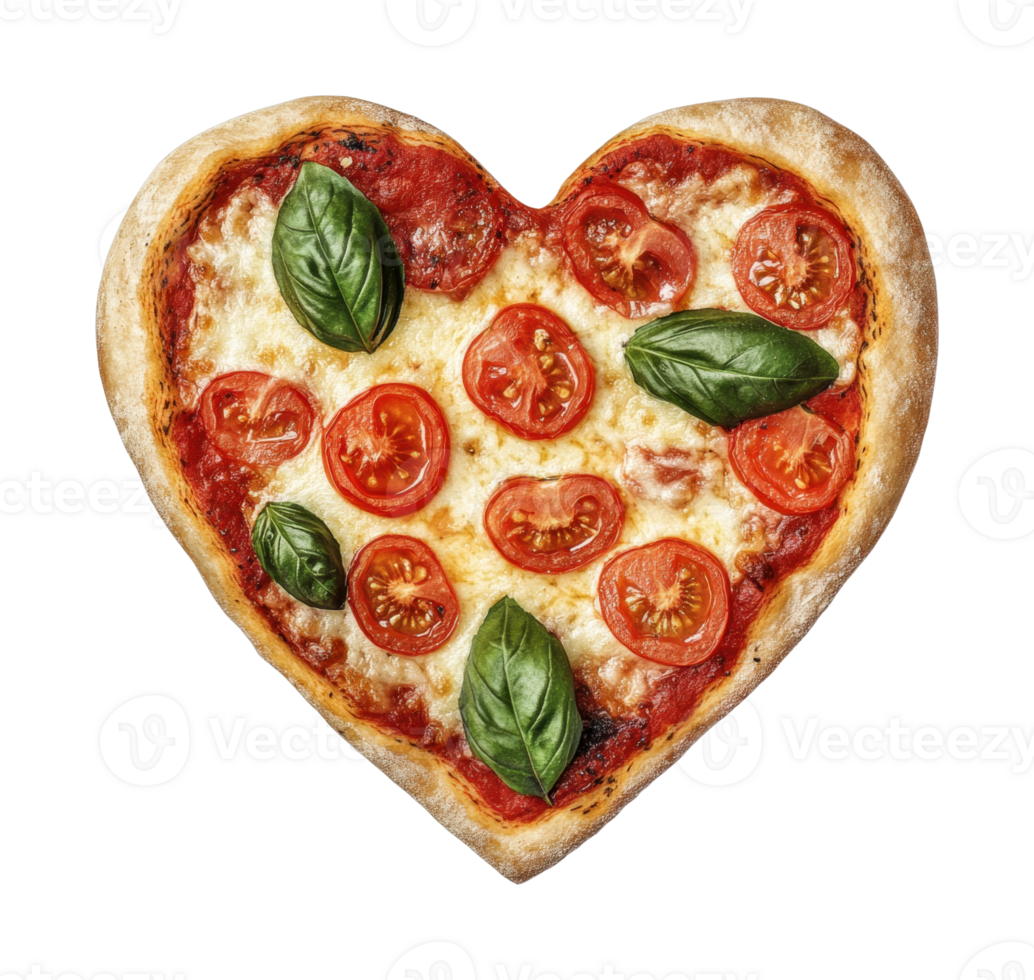 Heart-shaped pizza with tomatoes and basil toppings png