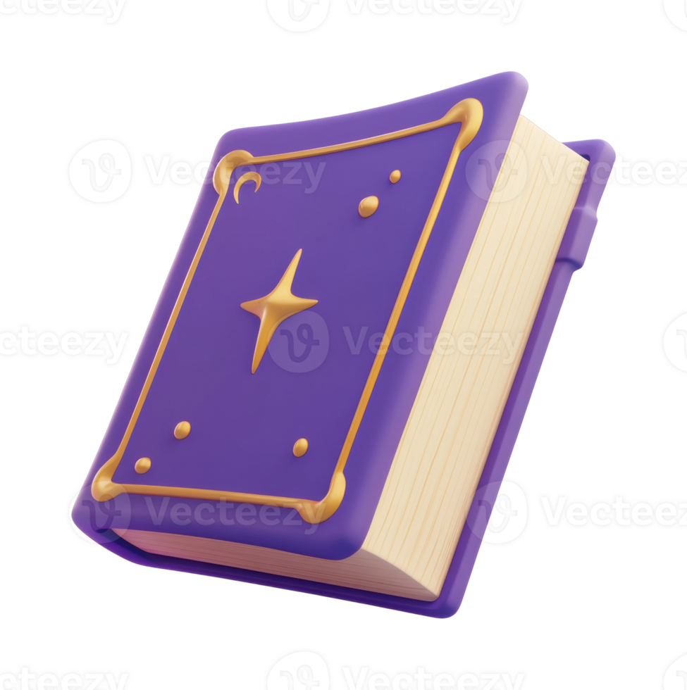 Purple magic book with golden symbol and embossed elements png