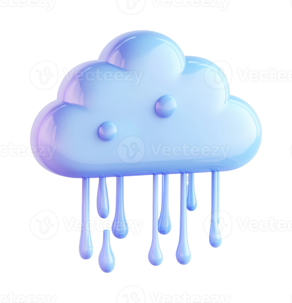 Glossy blue cloud dripping with cartoon-style raindrops png