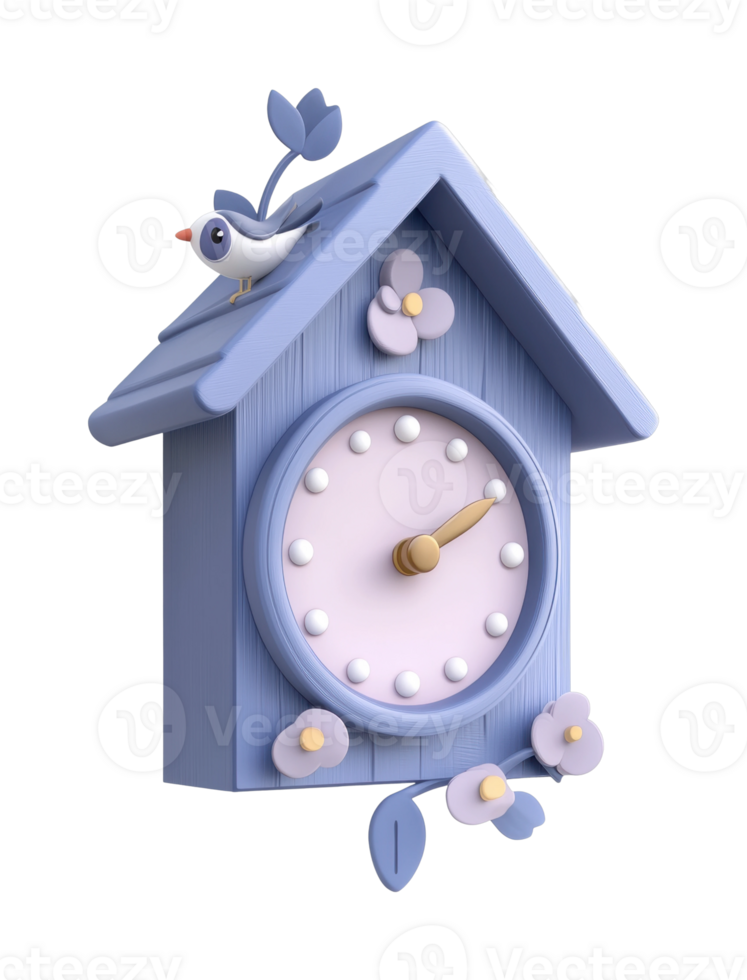 Charming purple cuckoo clock with bird and flowers png