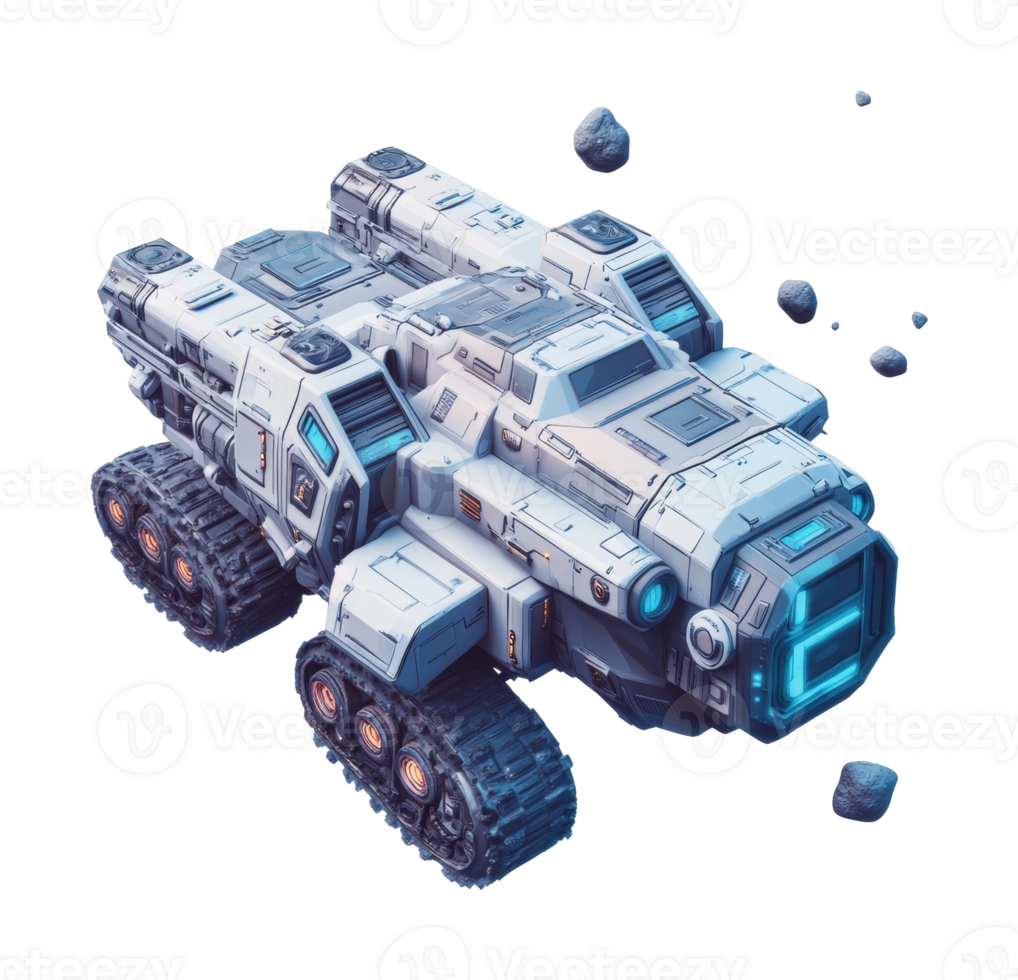 Futuristic space rover with tracks and asteroids in outer space png