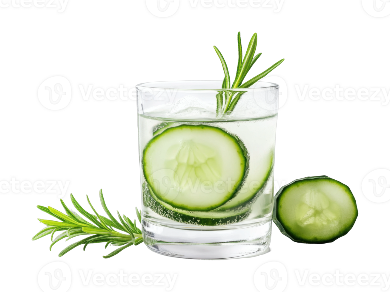 Refreshing cucumber rosemary cocktail with ice and herb garnish png