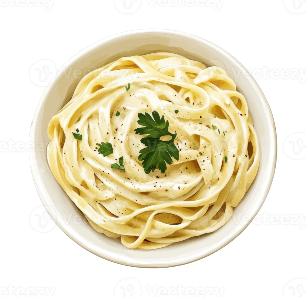 Creamy fettuccine alfredo with parsley and black pepper garnish png
