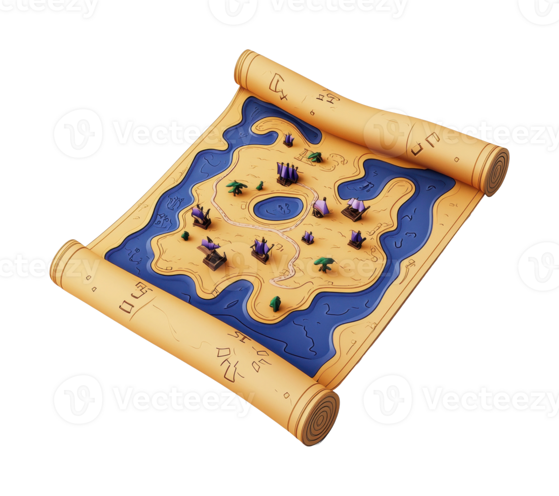 Ancient treasure map with symbols and landmarks on rolled parchment png