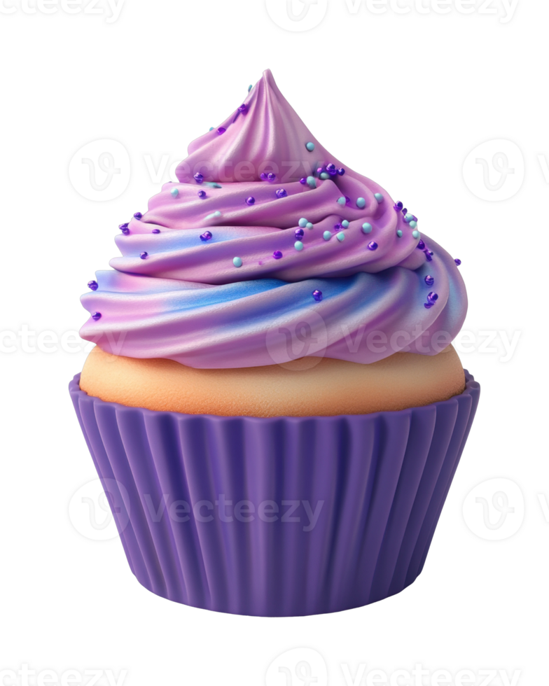 Colorful cupcake with purple swirl frosting and sprinkles png