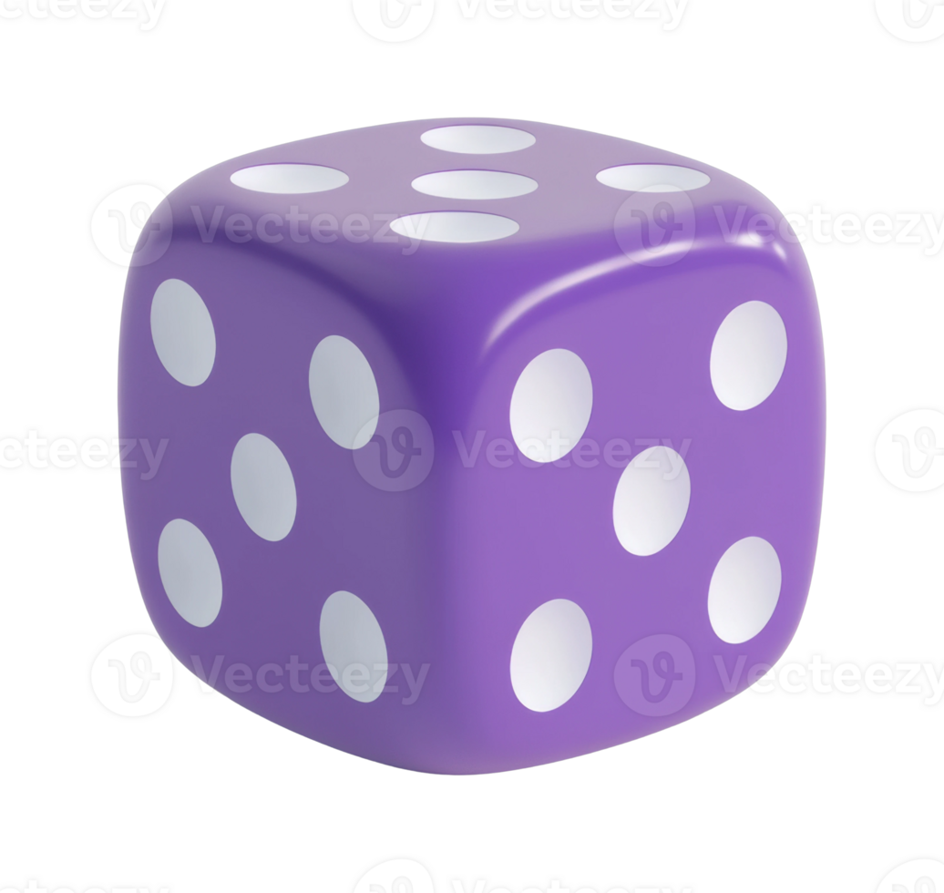 Purple six-sided die with white dots on all sides png