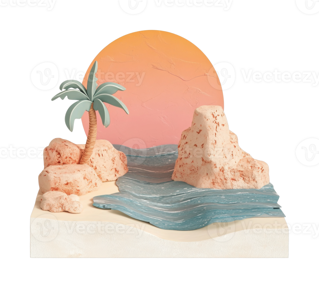 Surreal desert oasis with palm tree, rock formations, and sunset png