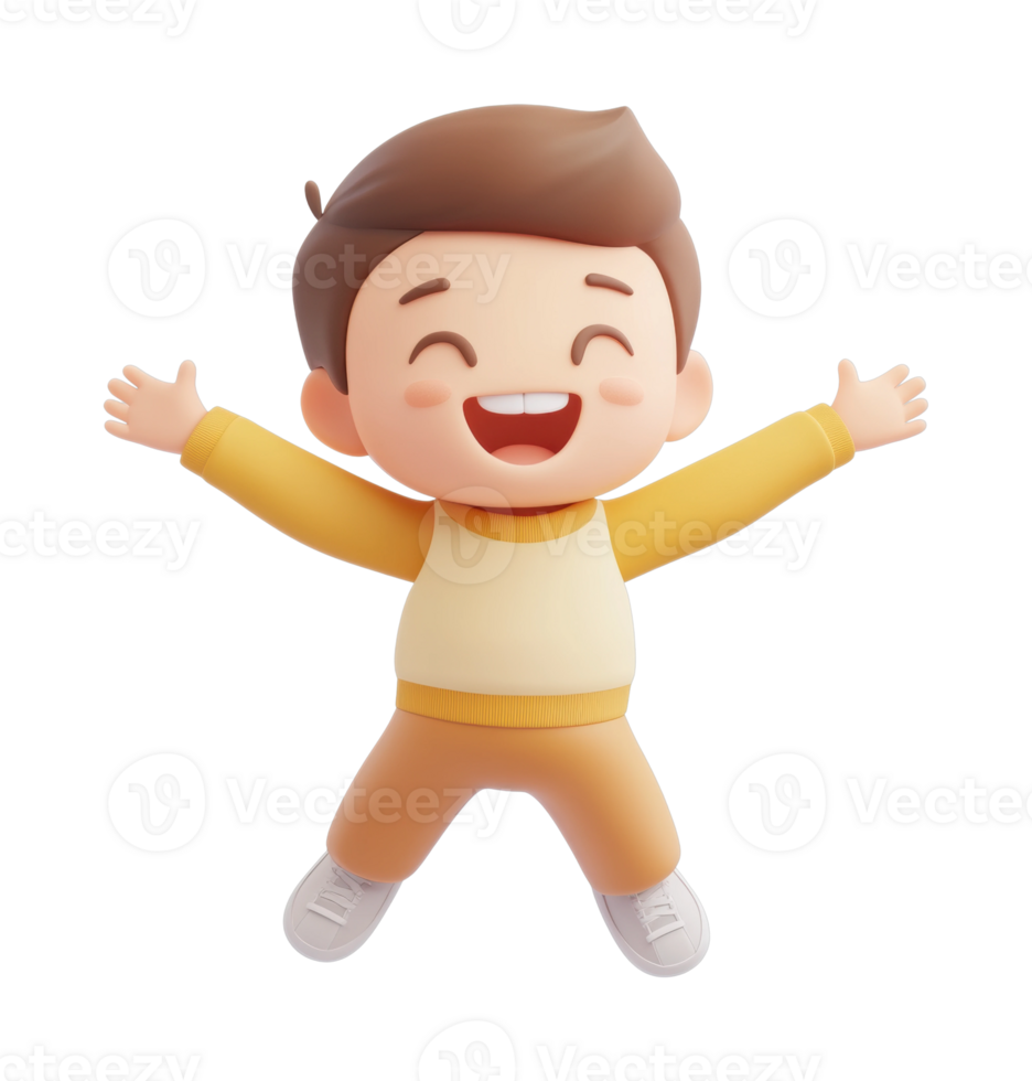 Cheerful cartoon boy joyfully jumping with open arms png