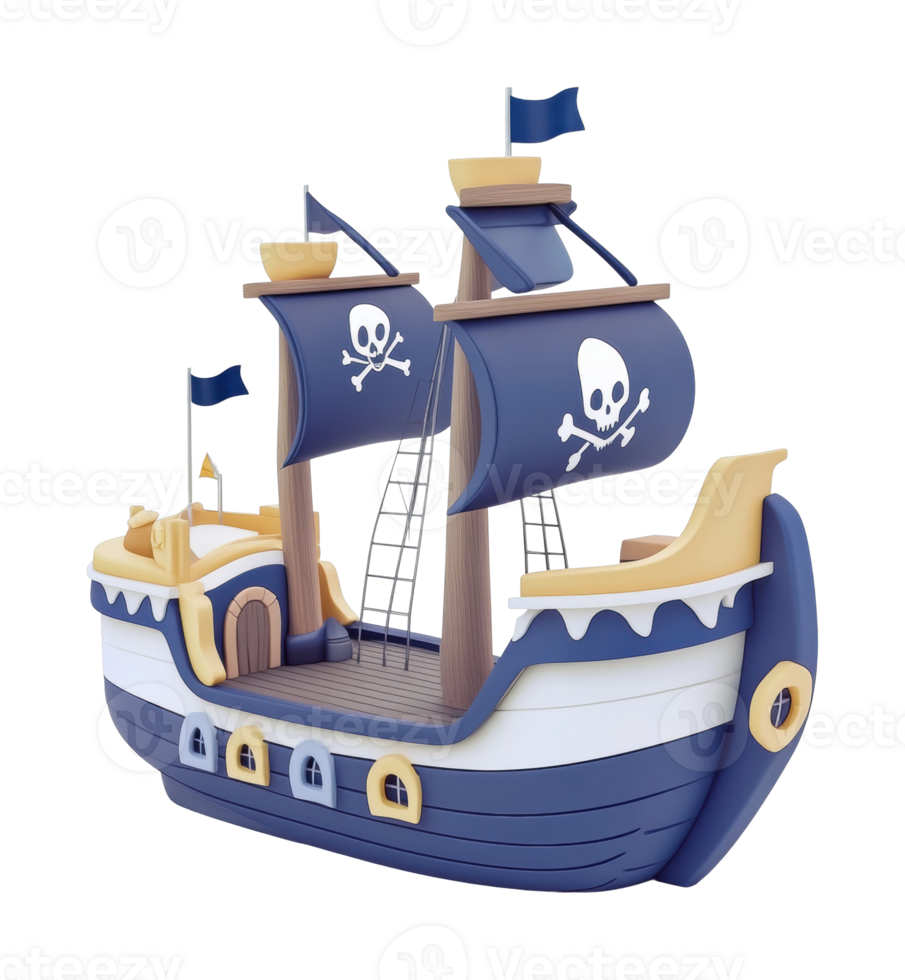 Cartoon pirate ship with sails displaying skull and crossbones png