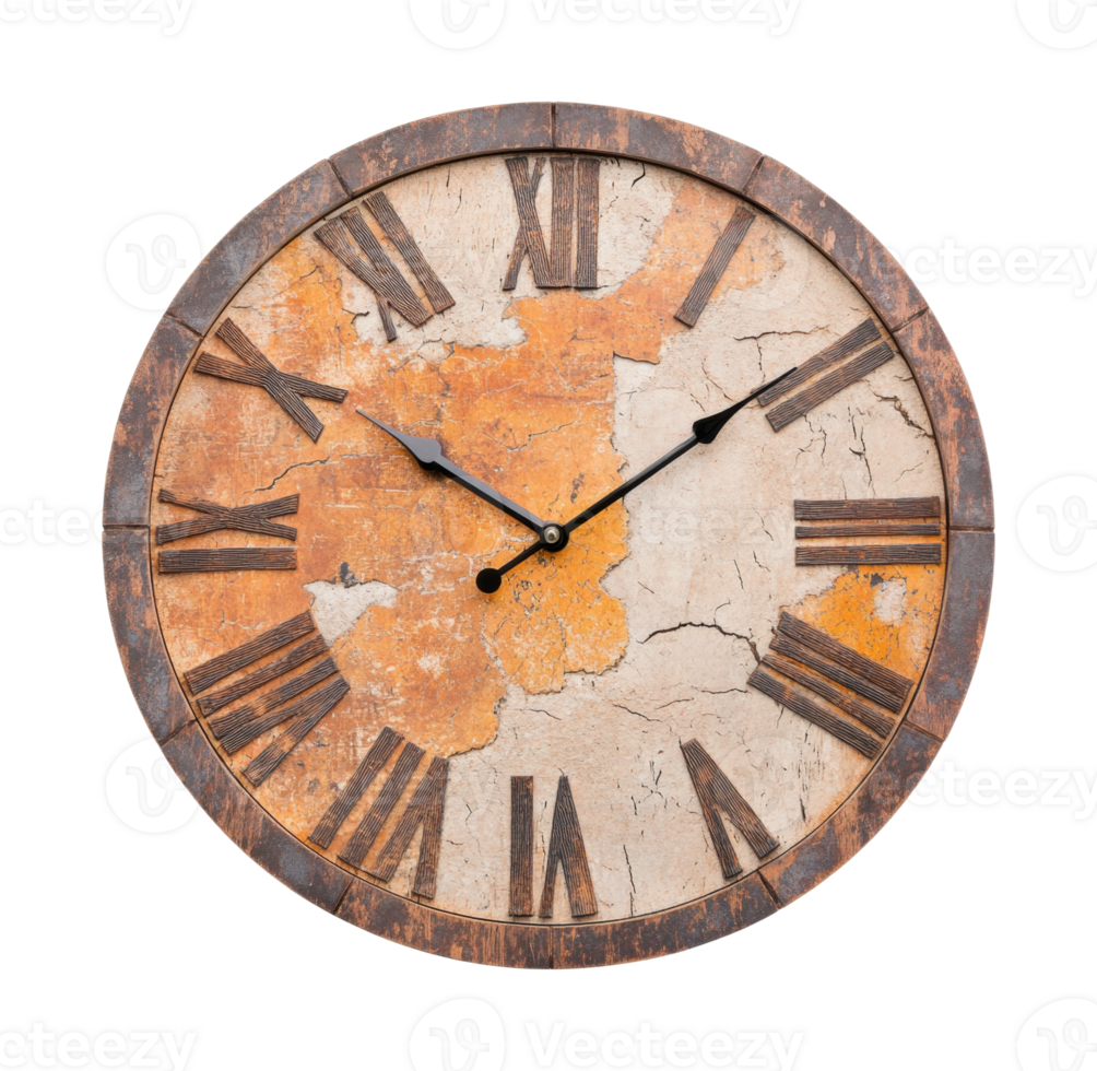 Vintage roman numeral wall clock with weathered texture and rusted metal frame png