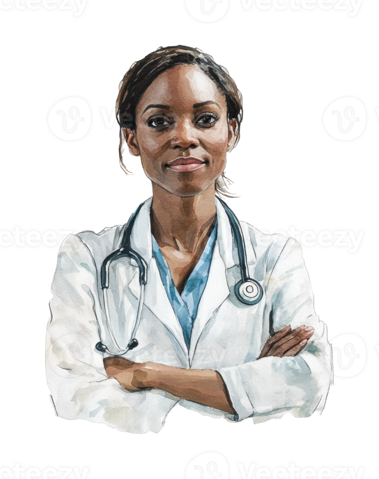 Confident african female doctor in white coat with stethoscope portrait png