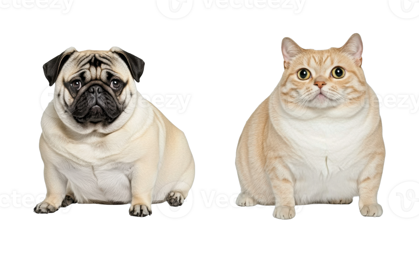 Pug and tabby cat sitting together on plain background png
