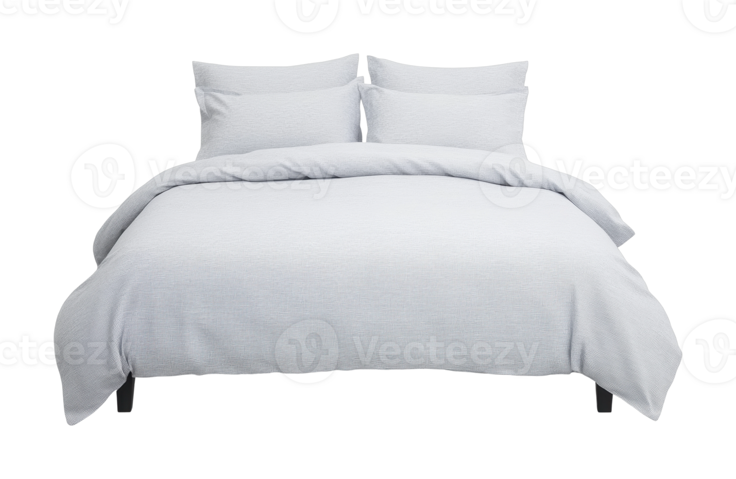 Comfortable white bedding with four pillows on wooden frame png