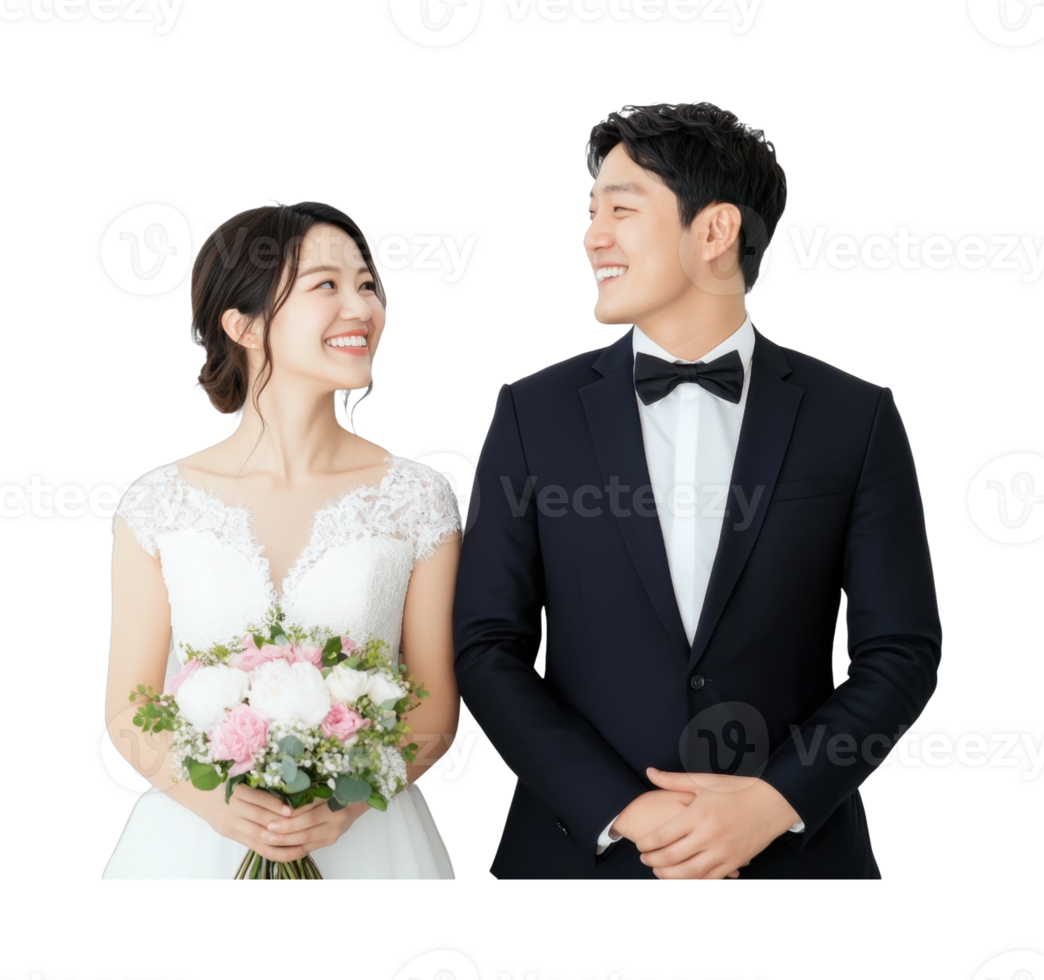 Asian young couple in wedding attire smiling and holding flowers png