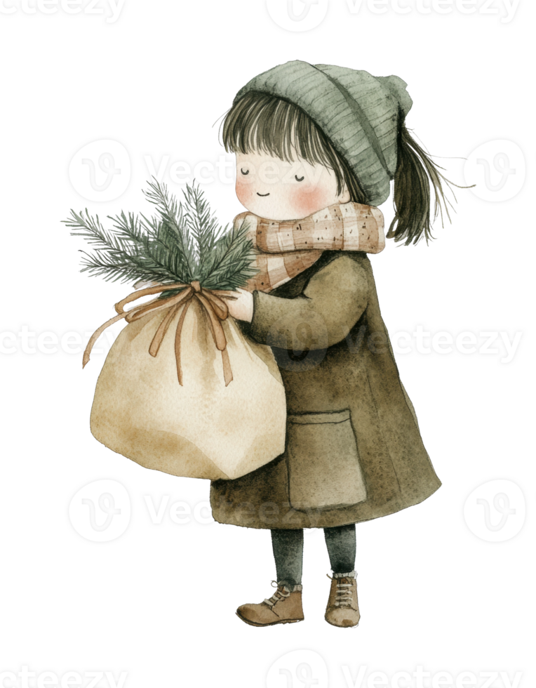 Young caucasian girl holding festive gift bag with pine sprigs png