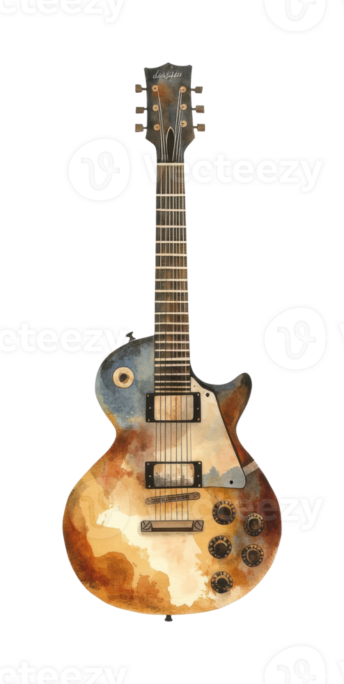 Watercolor electric guitar with vintage design and six strings png