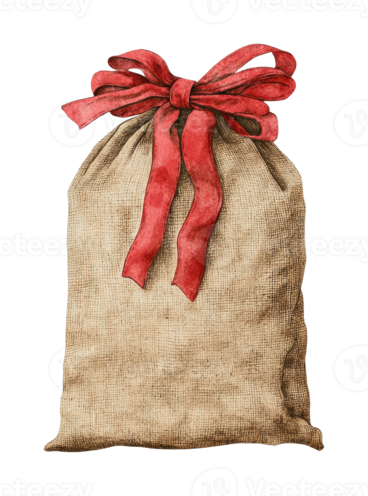 Burlap sack with red bow - festive gift bag tied with ribbon png