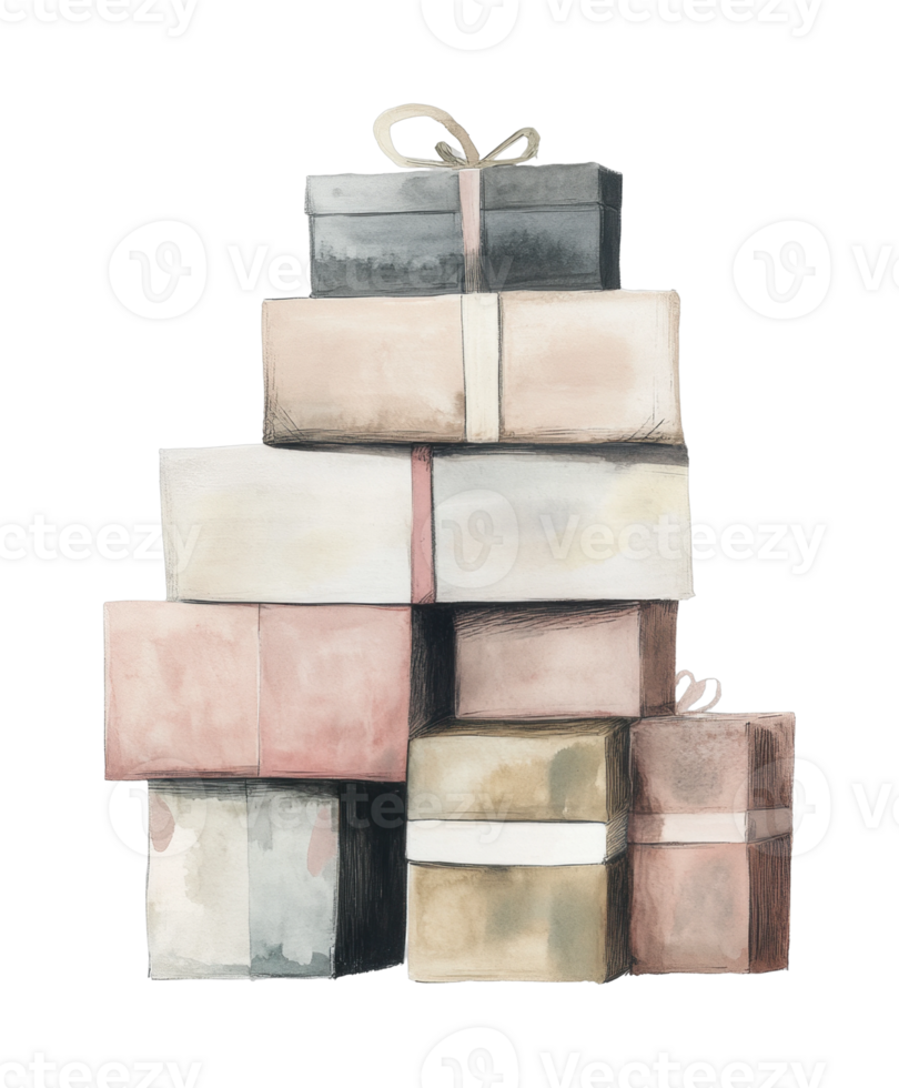 Stack of decorative gift boxes with ribbons png