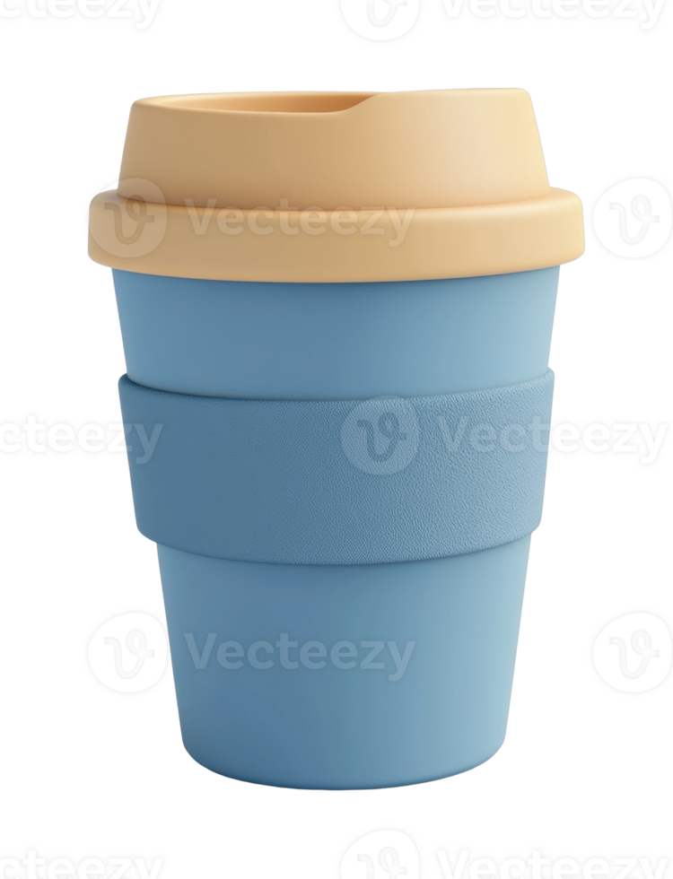 Reusable blue coffee cup with tan lid and grip sleeve png
