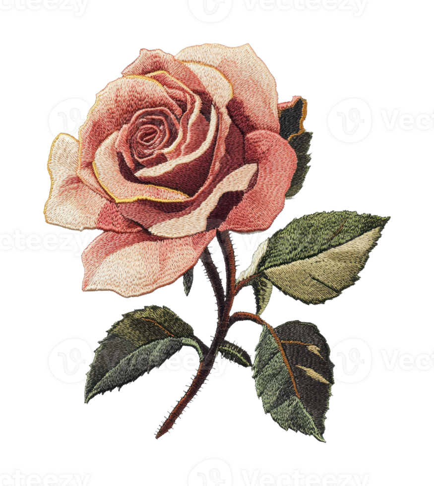 Detailed embroidered rose close-up with leaves png