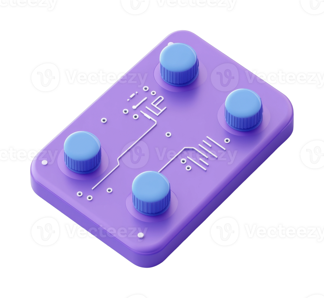 Purple circuit board with blue knobs on a flat surface png
